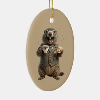 Ornamento De Cerâmica Marmota Bebendo Chá