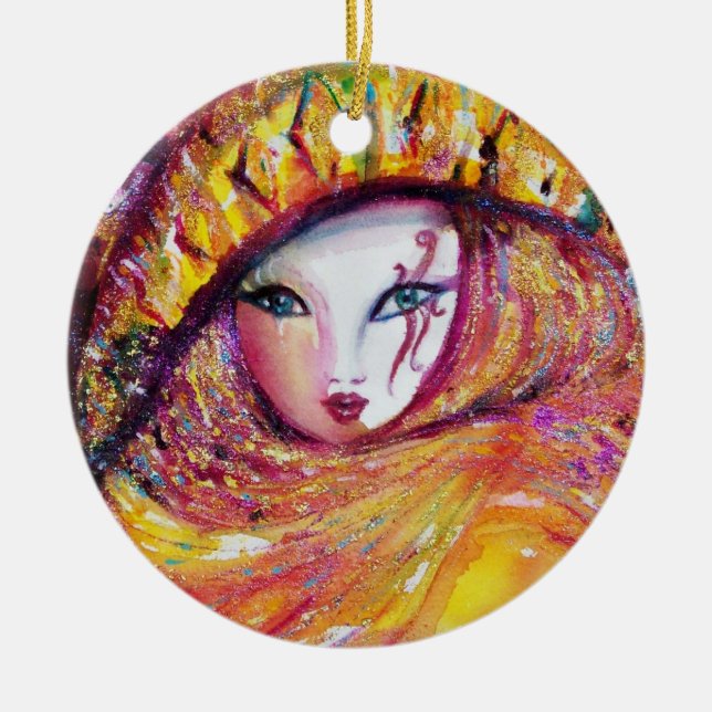 ORNAMENTO DE CERÂMICA MÁSCARA CARNIVAL NO AMARELO DOURADO COM ROSA VERME (Frente)
