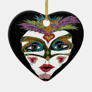 Ornamento De Cerâmica Máscara Colorida Mardi Gras Glitter Feather