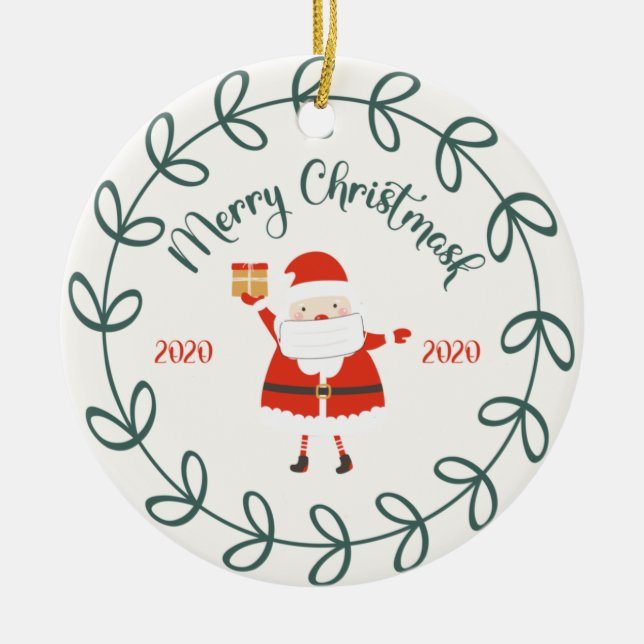 Ornamento De Cerâmica máscara de feliz engraçada, Quarantine 2020 (Frente)