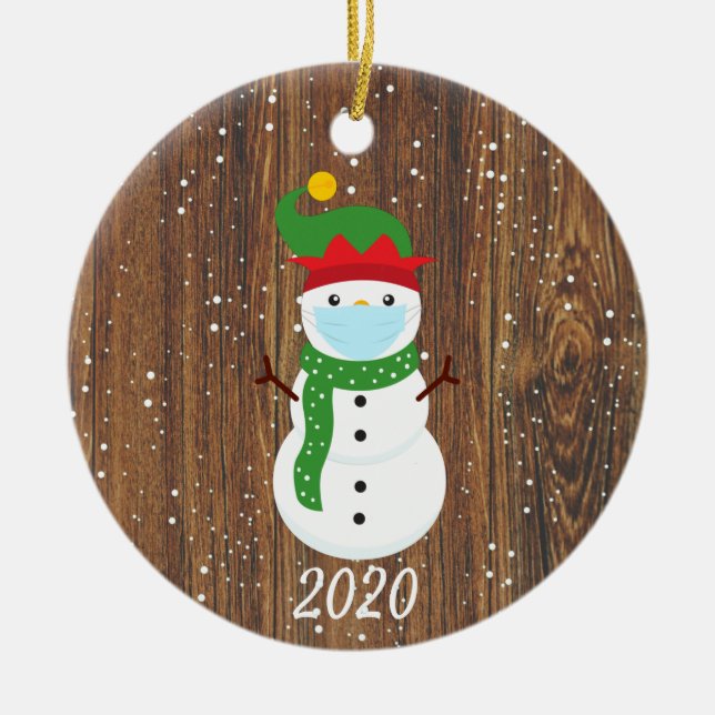Ornamento De Cerâmica Máscara de Natal Snowman 2020 Madeira (Frente)