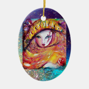 ORNAMENTO DE CERÂMICA MÁSCARA DO CARNAVAL NO AMARELO DOURADO COM ROSA