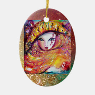 ORNAMENTO DE CERÂMICA MÁSCARA DO CARNAVAL NO AMARELO DOURADO COM ROSA