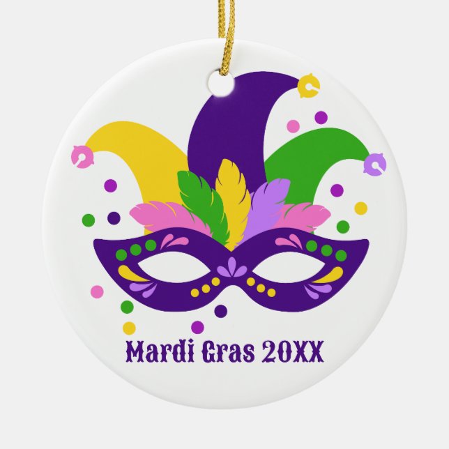 Ornamento De Cerâmica Máscara Dourada Mardi Gras Verde Roxo (Frente)