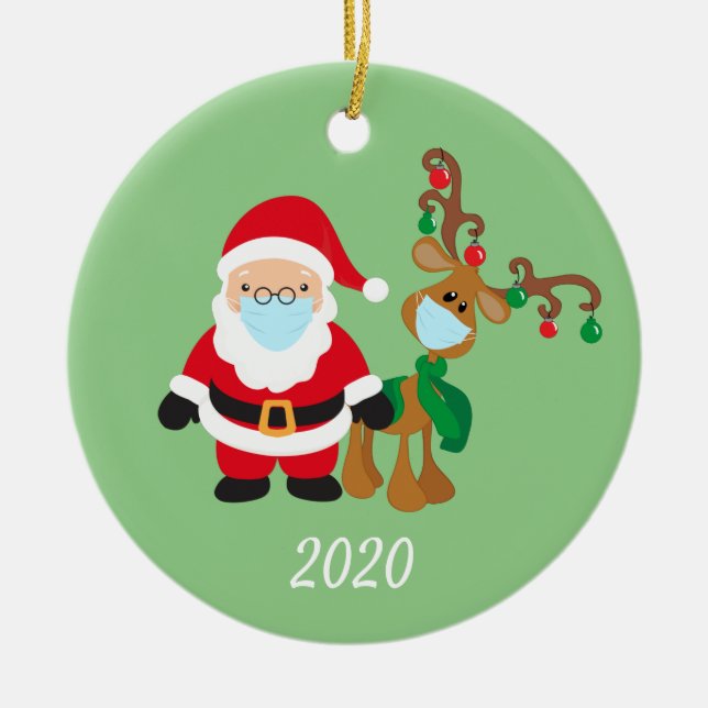Ornamento De Cerâmica Máscara Facial de Natal Papai Noel e Rena 2020 Nom (Frente)