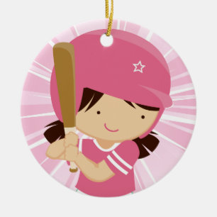 Ornamento De Cerâmica Massa da menina do softball no rosa e no branco