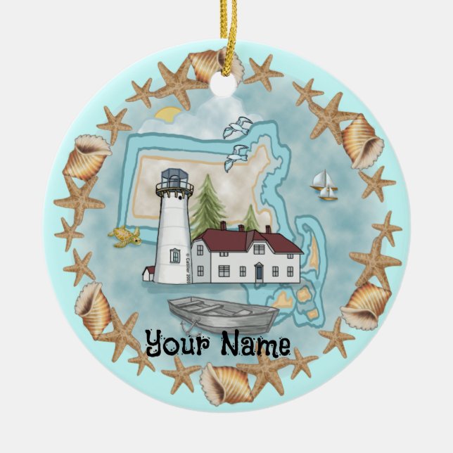 Ornamento De Cerâmica Massachusetts Shells Lighthouse Ornament (Frente)