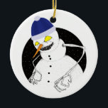 Ornamento De Cerâmica Mau Snowman<br><div class="desc">Mau assustador boneco de neve com boné azul.</div>