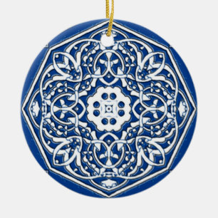 Ornamento De Cerâmica Medalhão no Padrão de Azulejo Persa - Azul e Branc