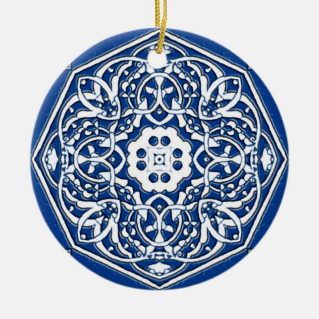 Ornamento De Cerâmica Medalhão no Padrão de Azulejo Persa - Azul e Branc (Frente)