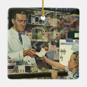 Ornamento De Cerâmica Medicina Antiga, Farmacêutico e Menina na Farmácia