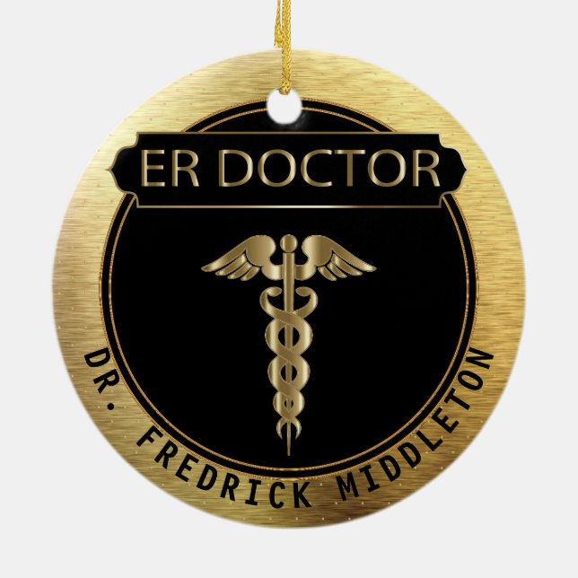 Ornamento De Cerâmica Médico 👨 ‍ - ⚕️ de escala superior, preto e Doura (Traseira)