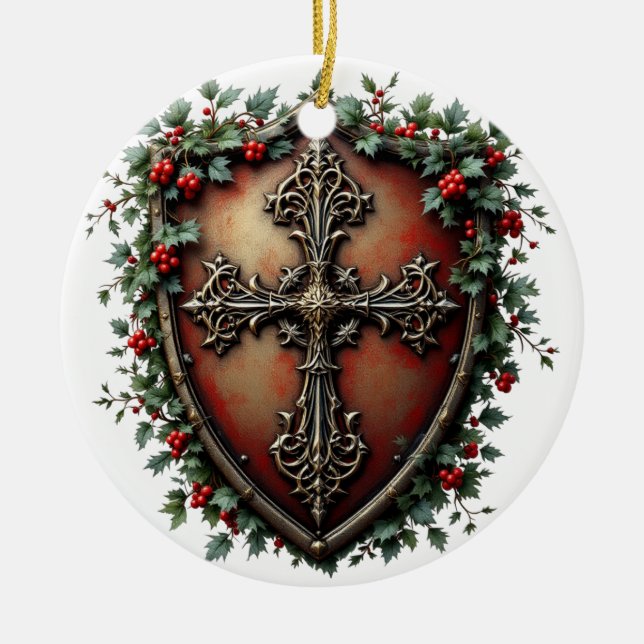 Ornamento De Cerâmica Medieval Christmas Shield with Gothic Cross  (Frente)