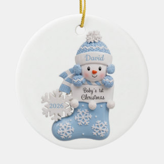 Ornamento De Cerâmica Meia de Natal com Boneco de Neve Azul em 3D para o
