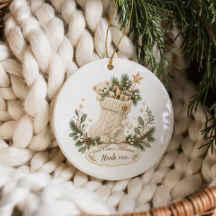 Ornamento De Cerâmica Meia de Natal Personalizada do Primeiro Natal do B