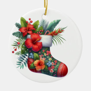 ORNAMENTO DE CERÂMICA MEIA DE NATAL TROPICAL HAWAIIANA & HIBÍSCUS