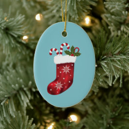 Ornamento De Cerâmica Meia de Natal Vermelha Com Bengalas e Azevinho