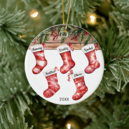 Ornamento De Cerâmica Meias de Natal de família de 5 pessoas aquarela