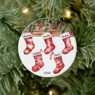 Ornamento De Cerâmica Meias de Natal de família de 5 pessoas aquarela