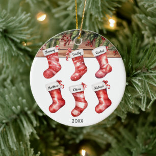 Ornamento De Cerâmica Meias de Natal de família de 6 pessoas aquarela