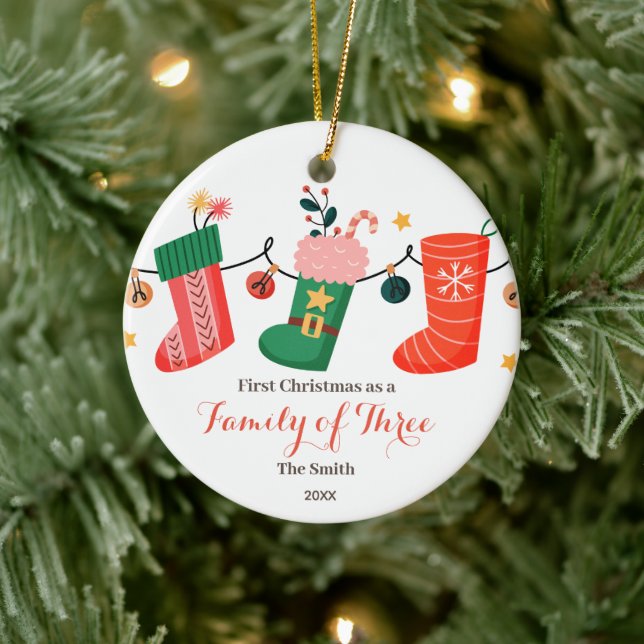 Ornamento De Cerâmica Meias Natal como uma Família de Três (Árvore)