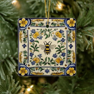 Ornamento De Cerâmica Mel Bee Tradicional Azul Amarelo Mediterrâneo