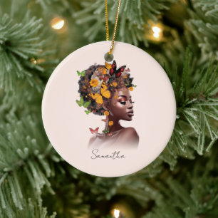 Ornamento De Cerâmica Melanina Magic: Cabelo Afro e Borboleta Colorida