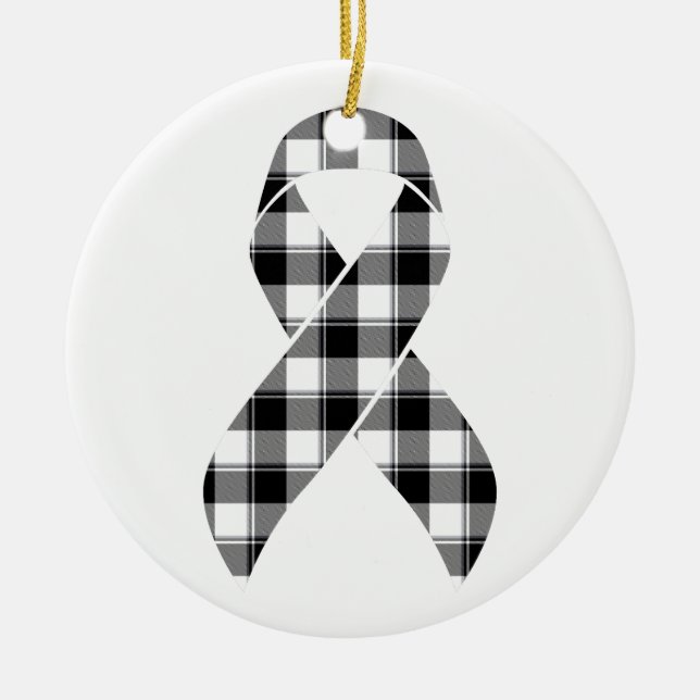 Ornamento De Cerâmica Melanoma Skin Cancer Awareness Plaid Black Ribbon  (Frente)