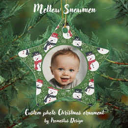 Ornamento De Cerâmica Mellow Snowmen - First Christmas photo custom.
