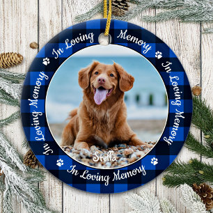 Ornamento De Cerâmica Memória Azul Xadrez Cão Foto Memorial
