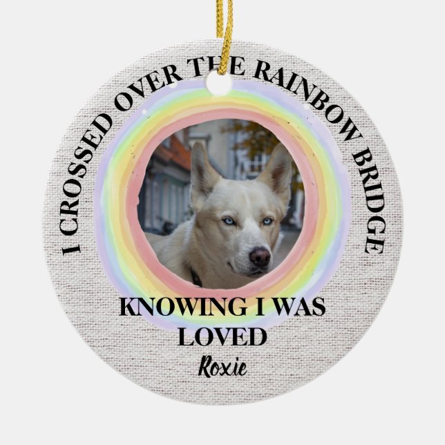 Ornamento De Cerâmica Memória do Rainbow Bridge Dog, Foto Personalizada  (Frente)