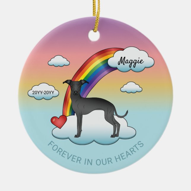 Ornamento De Cerâmica Memorial Black Italiano Greyhound Cute Dog Rainbow (Frente)