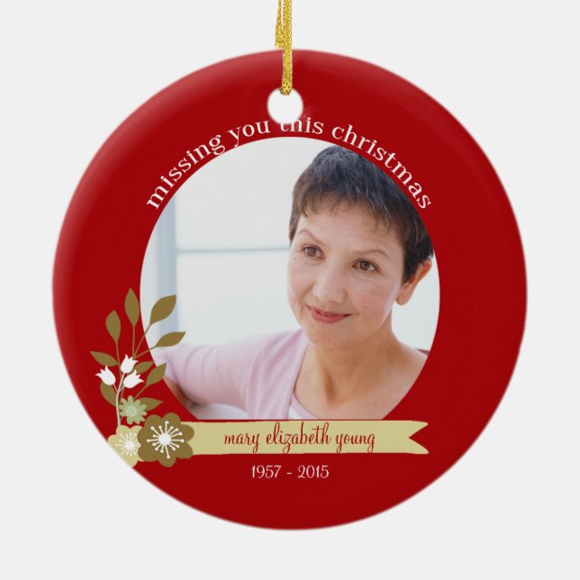 Ornamento De Cerâmica Memorial Christmas com nome de foto personalizado  (Traseira)