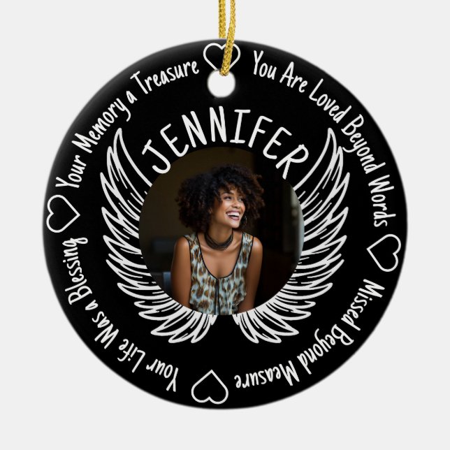 Ornamento De Cerâmica Memorial da Foto com Nome e Poema (Frente)