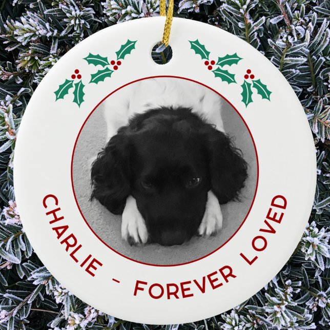 Ornamento De Cerâmica Memorial de Natal de Cachorro Personalizado (Pet dog photo memorial custom name text Christmas ornament)