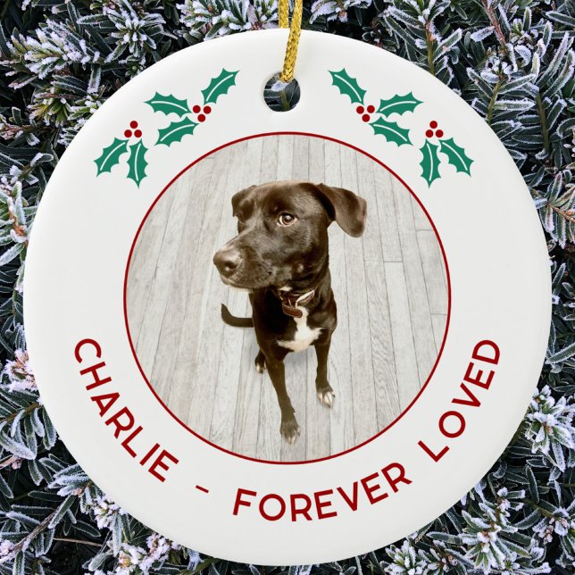 Ornamento De Cerâmica Memorial de Natal de Cachorro Personalizado (Personalized pet name and text dog photo memorial forever loved Christmas ornament)