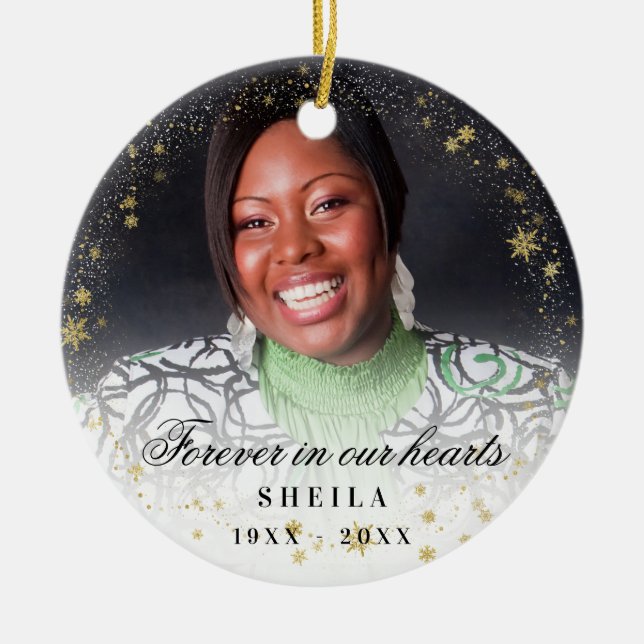 Ornamento De Cerâmica Memorial para sempre foto de neve dourada (Frente)