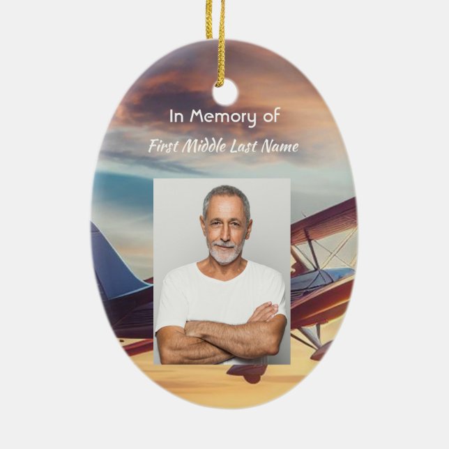 Ornamento De Cerâmica Memorial Photo Pilot Airplane Flying Sunset (Verso)