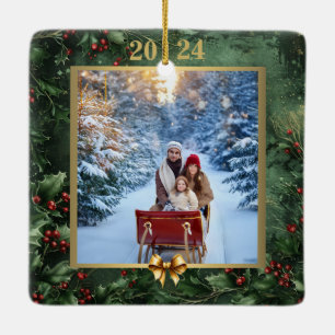 Ornamento De Cerâmica "Memórias de Fotos de Natal de 20XX: Folhagem e Do