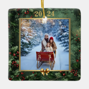Ornamento De Cerâmica Memórias de Fotos de Natal: Folhagem e Arco Dourad