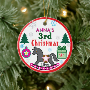 Ornamento De Cerâmica Menina 3º Natal FOTO Cavalo Rosa Cinza