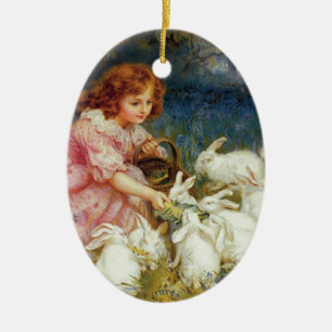Ornamento De Cerâmica Menina alimentando coelhos