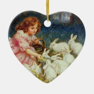 Ornamento De Cerâmica Menina alimentando coelhos