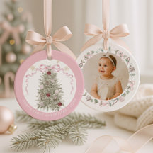 Menina Bebê Primeiro Natal Rosa Foto Cerâmica