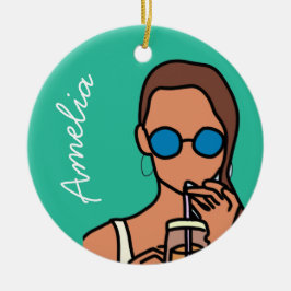 Ornamento De Cerâmica Menina bebendo chá de bolhas moderno