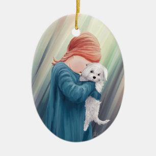 Ornamento De Cerâmica Menina bonito com cão