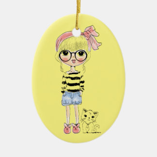 Ornamento De Cerâmica Menina bonito com vidros redondos e seu gato doce