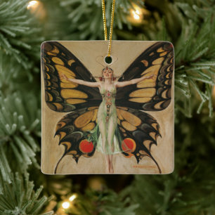 Ornamento De Cerâmica Menina Borboleta de Leyendecker Arte Deco Vintage