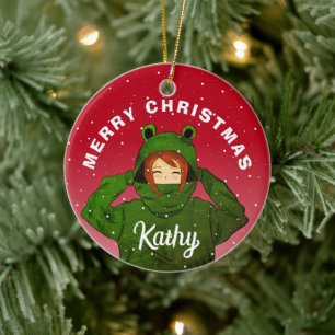 Ornamento De Cerâmica Menina com Desenho de Capuz de Sapo Verde no Natal