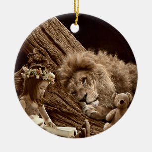 Ornamento De Cerâmica Menina com leão e urso de ursinho